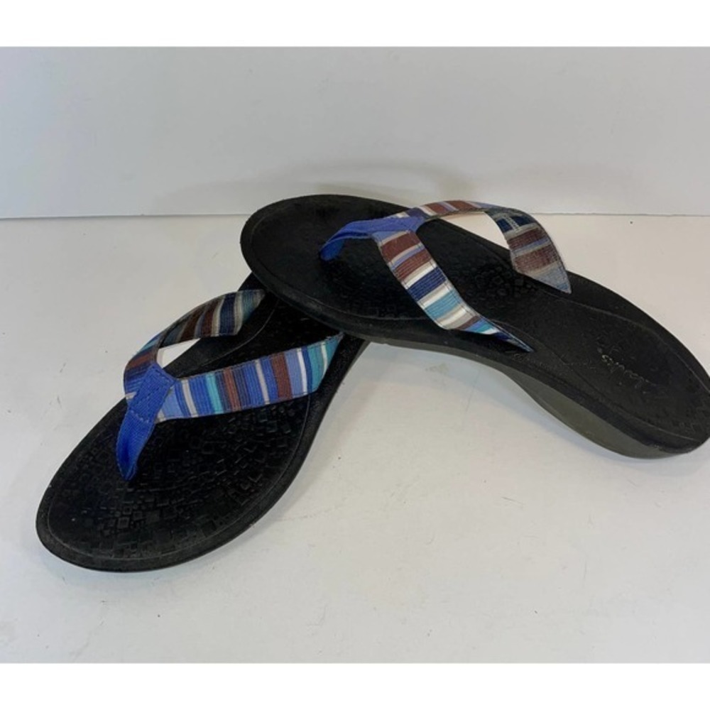 Clarks Blue Brown Striped Flip Flops Sz. 9